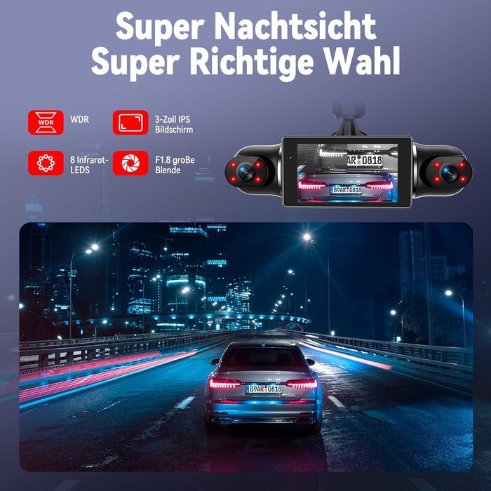 Двоканальна відеореєстратор (Dashcam) 2K+1080P з двома камерами, 64GB, IPS дисплей 3', 4x140° кут огляду, WDR, нічне бачення (8 IR-LED), G-сенсор, циклічна запис, додаток, режим паркування 24/7, чорний