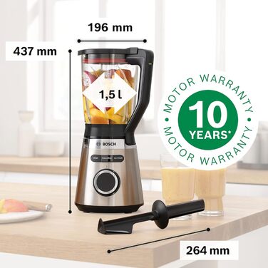 Bosch VitaPower Series 4 Stand Mixer MMB6382MN, improved version, high-quality stainless steel blades, 1.5L Thermo-Safe glass jar, tamper, dishwasher-safe parts, 30,000 RPM, 1200W, stainless steel stand mixer with improved mixing jug