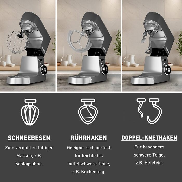 Кухонна машина Heinrichs 2500W з двома гаками для тіста, міксером та вінчиком, 8 швидкостей, чаша 7л з нержавіючої сталі, тиха, з титановим покриттям