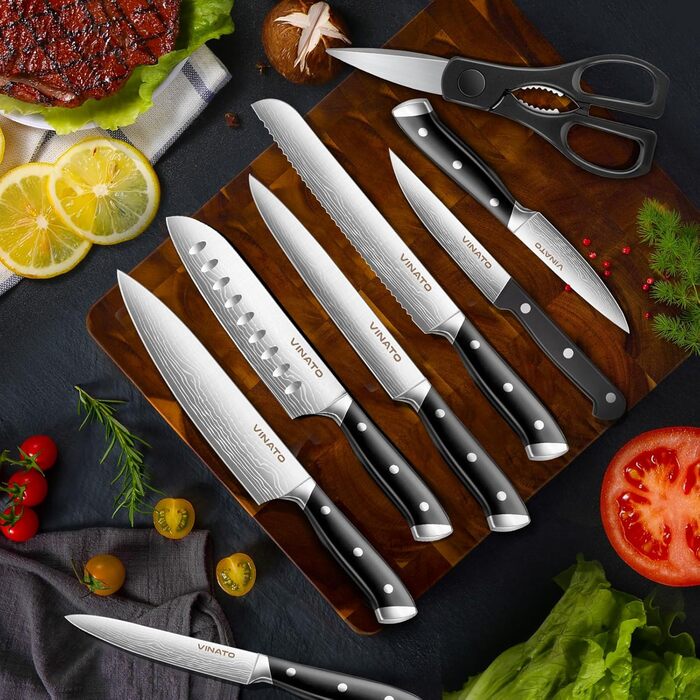 VINATO 14-Piece Knife Block Set with Sharpener - Damascus Pattern Kitchen Knife Set - Professional Chef's Knife Set, Black
