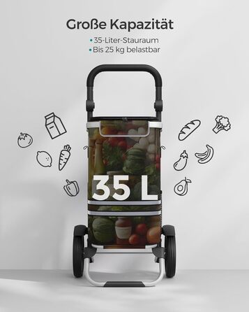 SONGMICS Shopping Trolley, Cart, Shopping Cart with Cooler Compartment, Large, 35 Liters, Folding, Shopping Bag with Wheels, Removable Bag, Black KST03BK