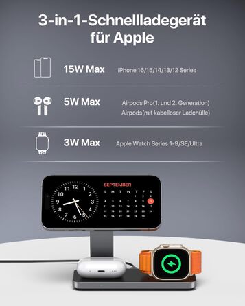 Бездротова зарядка Induktive з підтримкою MagSafe, 3 в 1 для iPhone 15/14/13/12, Apple Watch та AirPods (Чорний)