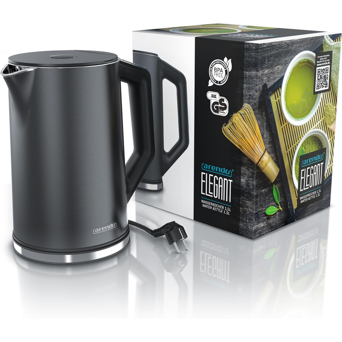 Arendo - Stainless Steel Kettle with Temperature Setting 40-100 Degrees in 5-Degree Increments - Double-Walled Design - Model ELEGANT - 1.5 Liter - 2200 W - Tea Kettle with Temperature Display - GS - Black (G: Pearl Grey)