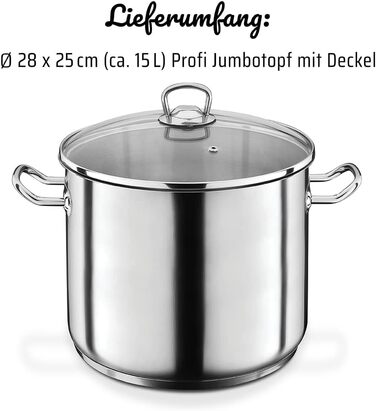 Каструля GSW Profi-Jumbo з кришкою, 28 см, 15 л, нержавіюча сталь, для сім'ї та ресторану
