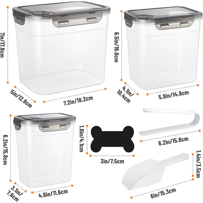 Набір контейнерів для корму для собак ZooZoo (3 шт.) з герметичними кришками, BPA-free, для сухого корму, великі, середні, малі, з лопатками, етикетками, пінцетом та маркером