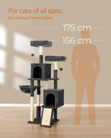 Кігтеточка для котів FourFurPets 156 см, з драбиною з сизалю, 2 платформи, 2 печери, гамак, іграшки, сірий