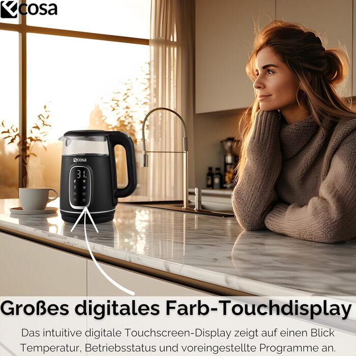 Електрочайник Ecosa® зі скляною колбою та регулюванням температури, 1,7 л, 2200 Вт, не містить BPA, з підігрівом та LED-підсвічуванням (Black Pearl)