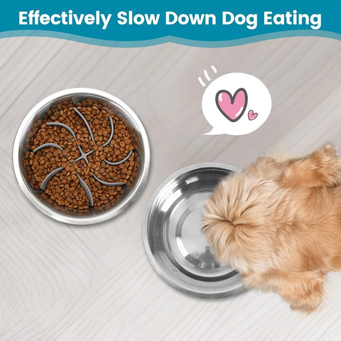 PETTOM Набір з 2 мисок для собак з нержавіючої сталі з антизаковтуванням, 2-в-1, об'єм 1560 мл, з антиковзним силіконовим дном, Ø21 см. Підходить для великих та середніх собак