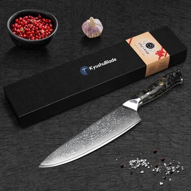 Японський ніж Kuchmesser Kyushublade з дамаської сталі (67 шарів), професійний, з унікальною ручкою з карбону та золота