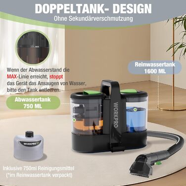 WORKPRO Мийний пилосос 450W 13kPa, 1.6L з миючим засобом та 2 насадками, для чищення килимів, меблів та авто