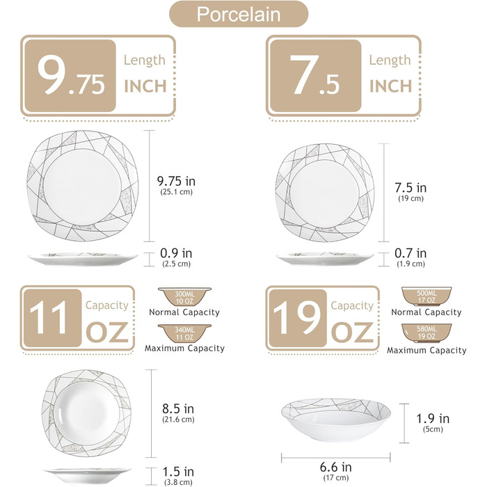 VEWEET Сервіз столовий 'Serena' з порцеляни, 24 елементи | 6 тарілок для сніданку, десерту, їжі та супу | Сервіз для 6 осіб, ресторану, сім'ї, білий