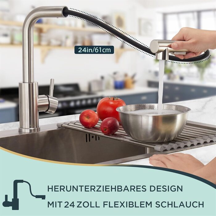 Змішувач кухонний FORIOUS з висувною лійкою та душем, 360° обертання, 2 режими, нержавіюча сталь