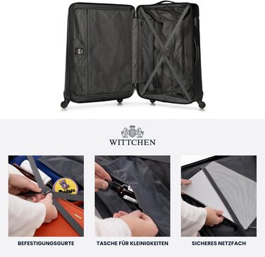 Набір валізWITTCHEN Globe Line: 4 валізи (великий, середній, маленький, ручна поклажа) з ABS-пластику, 4 колеса, кодовий замок, телескопічна ручка, чорний колір. Підходить для Lufthansa, Eurowings, Ryanair, Condor, Discover Airlines
