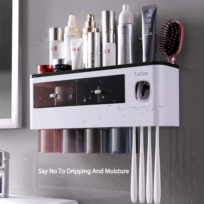 Automatic Toothpaste Dispenser with Space-Saving Toothbrush Holder for Bathroom, 4 Transparent Magnetic Cups, 7 Toothbrush Slots, 1 Cosmetic Organizer Drawer (4 Cups)