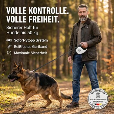 Витяжна поводок для собак HUND IST KÖNIG 8м для малих та великих собак | Міцний поводок до 50кг | Білий/Чорний