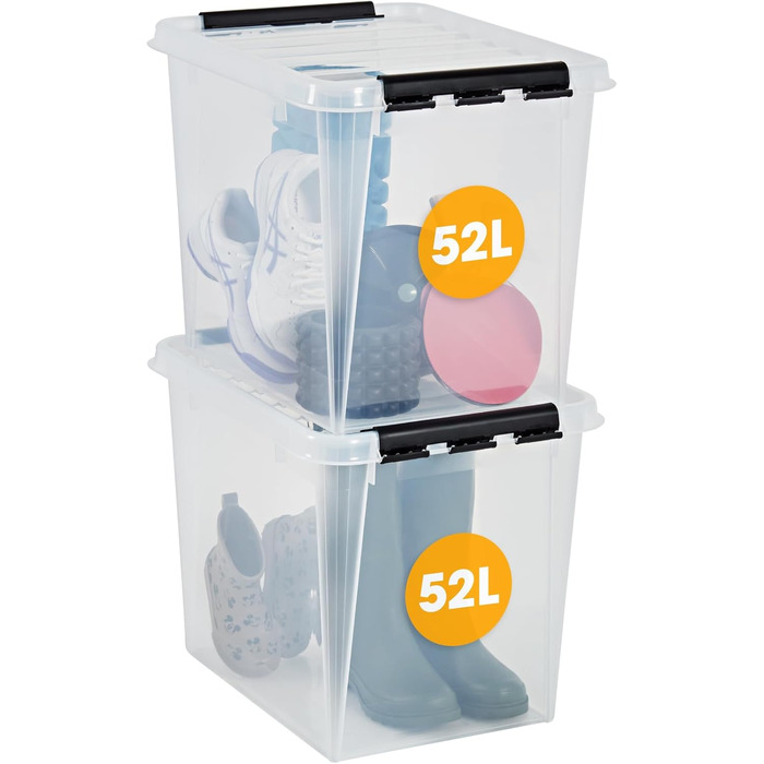 SmartStore Storage Boxes with Lid, Large, 52 L, Transparent, 2-Pack, Reinforced, 10-Year Warranty, Food Safe, with Clip Closure, Stackable, BPA-Free Plastic, 50 x 39 x 41 cm