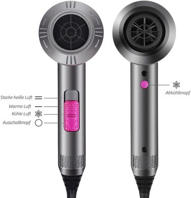 Іонізатор для волосся Faszin Föhn: професійний фен з AC-двигуном, 2 швидкості та 3 режими нагріву, кнопка холодного повітря, насадка-дифузор та 2 концентратори (чорний/білий)