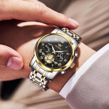 Годинник чоловічий OLEVS з металевим ремінцем, кварцовий, з місячною фазою, хронограф, водонепроникний (2859 Чорний / Двоколірний)