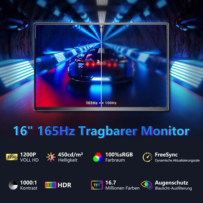 Портативний монітор 16 дюймів 1200P 165Hz 450Nits 100% sRGB з Smart Cover, для ноутбука PC Xbox PS4 PS5 Switch, чорний