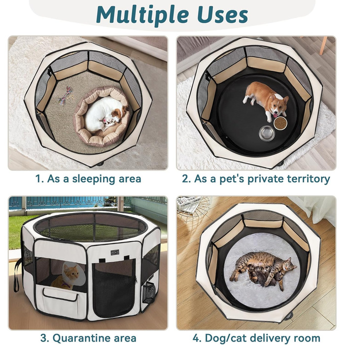 PETSFIT Розкладний вольєр для цуценят та дрібних тварин: собак, котів. Розкладний вольєр для собак з водонепроникним дном, система Pop-up, безпечний дизайн, сірий/зелений, 92 x 64 x 53 см (S, сірий)