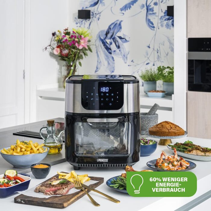Princess Aerofryer Oven Deluxe - 11 Liter Capacity; 1800W; 65-200°C; 10 Programs; incl. Rotating Basket, Rotisserie Spit, 3 Baking Sheets, Crumb Tray, Handle, 182075, Black/Silver REGULAR 11L