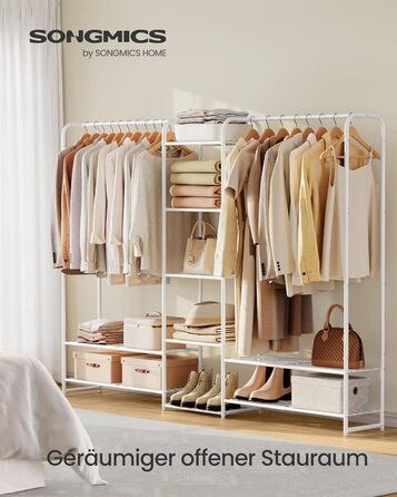 SONGMICS Взуттєва шафа, відкрита вішалка для одягу, металева, з полицями, 29 x 112 x 158,4 см, матово-білий LGR462W01