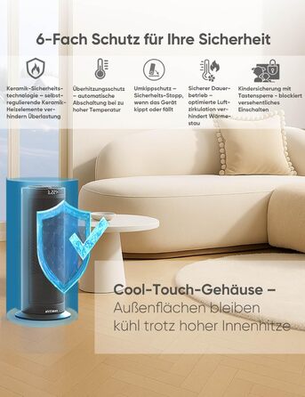 Електричний обігрівач з керамічним нагрівачем, 1500 Вт, з термостатом, захистом від перегріву, перекидання та для дітей, таймер 12 год, з пультом дистанційного керування (чорний, преміум)