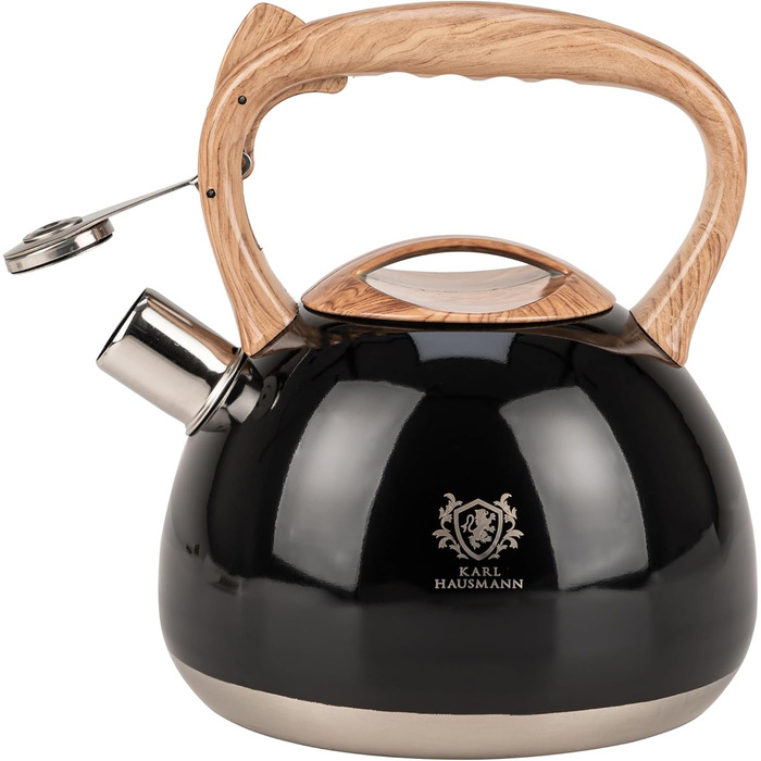 Чайник електричний KARL HAUSMANN Induktion 3L з автоматичним свистком - нержавіюча сталь, для індукційних, газових та електричних плит (Чорний)