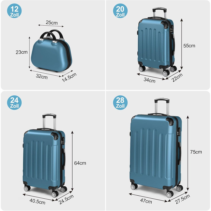 Набір валіз LALAHO 4 шт. з косметичками, ABS, рожеве золото (темно-синій, смугастий)