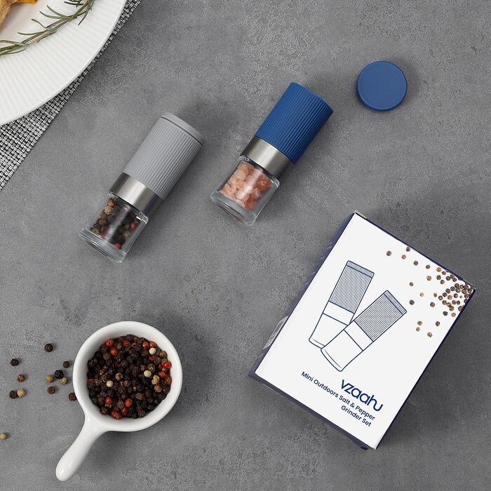 Набір міні-меленців для солі та перцю Vzaahu (2 шт.) з керамічним механізмом, кориця, регульована ступінь помелу, сірий та блакитний, портативні, багаторазові