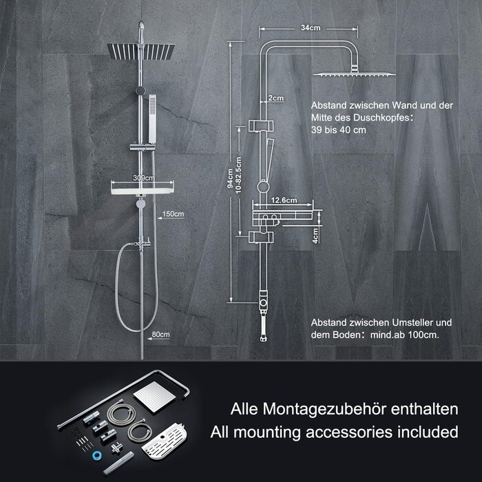 Görbach Rain Shower System with Shelf, Shower Set without Shower Faucet, Chrome (20x20cm)