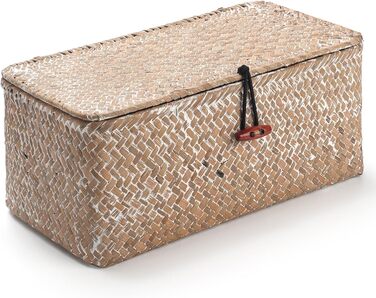 Кошик для зберігання з морської трави з кришкою, натуральний, 26x14x11 см, білий, малий