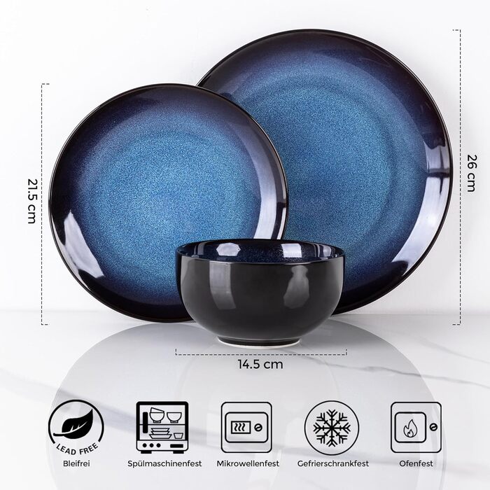 Набір посуду LeRatio на 8 осіб: 24 предмести, кераміка, реактивна глазур, блакитний, для посудомийної машини та мікрохвильовки