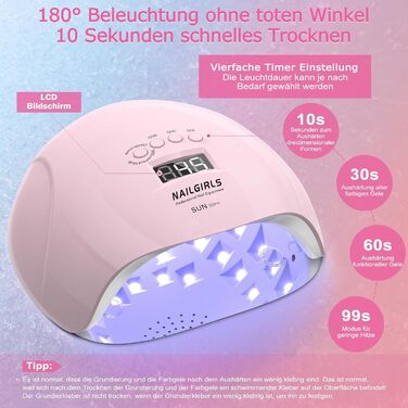 LED UV лампа для нігтів NAILGIRLS 150W з таймером, датчиком та LCD дисплеєм. Підходить для гель-лаку, пальців та нігтів. Рожевий колір.