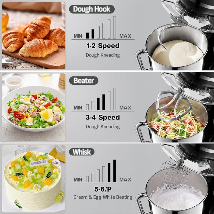 Kitchen Machine Zuccie Stand Mixer 1500W 5.5L Kitchen Machine 6 Speeds Dough Mixer with Dough Hook, Beater, Whisk and Splash Guard (Black)