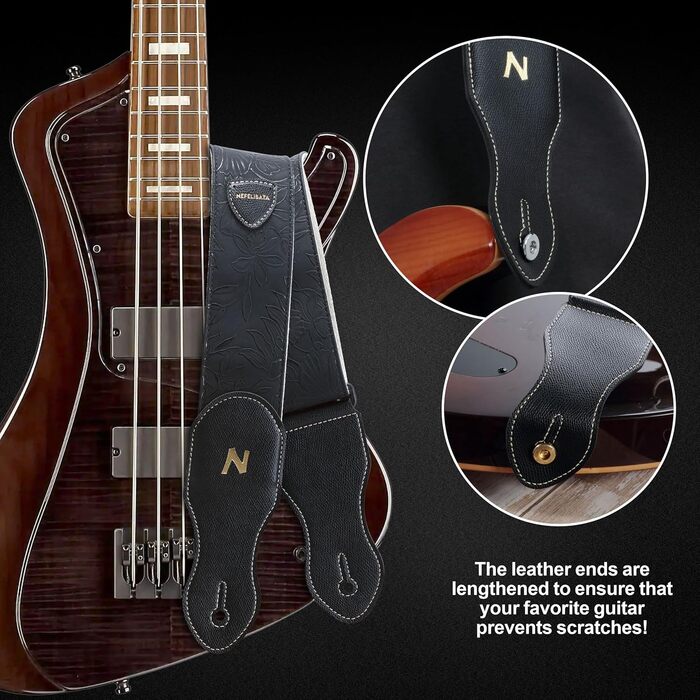 Гітарний ремінь Nefelibata з кишенькою для медіатора, 2.3 дюйми, веганська шкіра, стиль Porter, 60-ті, вестерн, вінтаж, регульований (42-66 дюймів), чорний