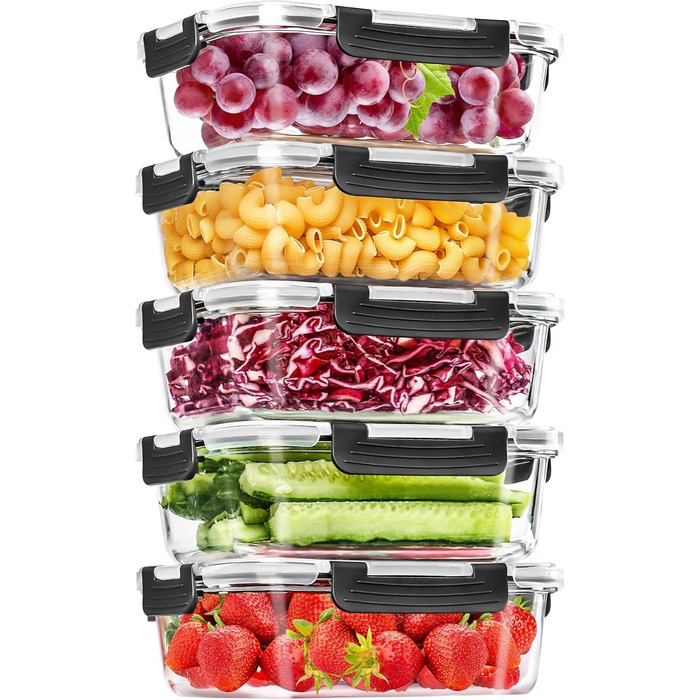 Набір контейнерів для зберігання продуктів зі скла, 10 шт (5 кришок та 5 контейнерів), Skroam - безпечні для миття в посудомийній машині, мікрохвильовій печі та морозильній камері, без BPA