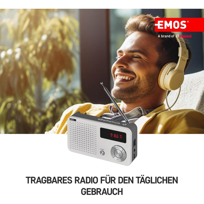 Портативне радіо EMOS з MP3-плеєром та акумулятором, FM радіоприймач, USB-C, Micro SD, білий/сірий