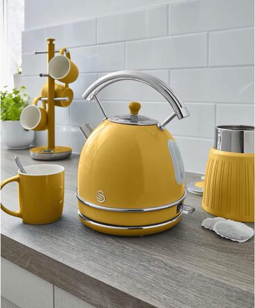 Swan Retro Electric Kettle - 1.8L, Vintage Design, Automatic Shut-Off, Cordless, BPA-Free Stainless Steel, 3000W (Yellow)