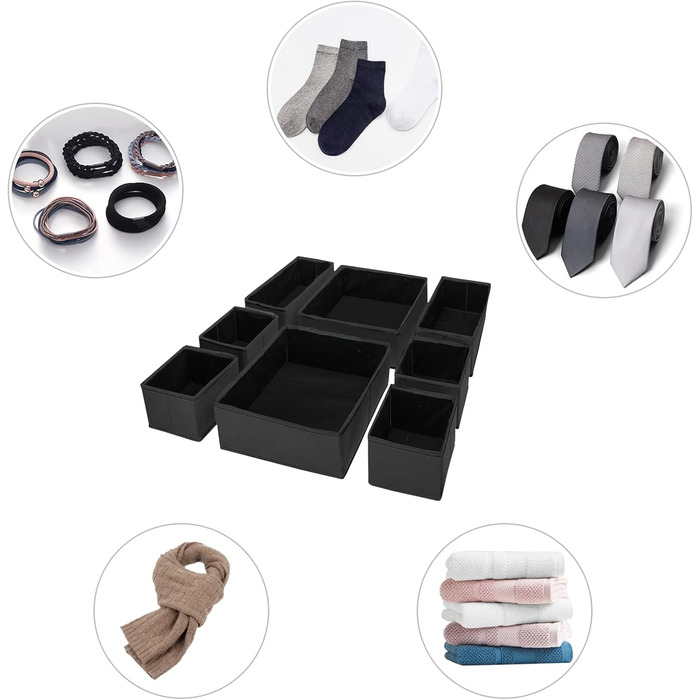Puricon 13-Piece Storage Box Set Fabric Drawer Organizer/Organization System for Clothes Foldable Storage Boxes Set Boxes for Closet Bedroom - (8 Pieces, Black)