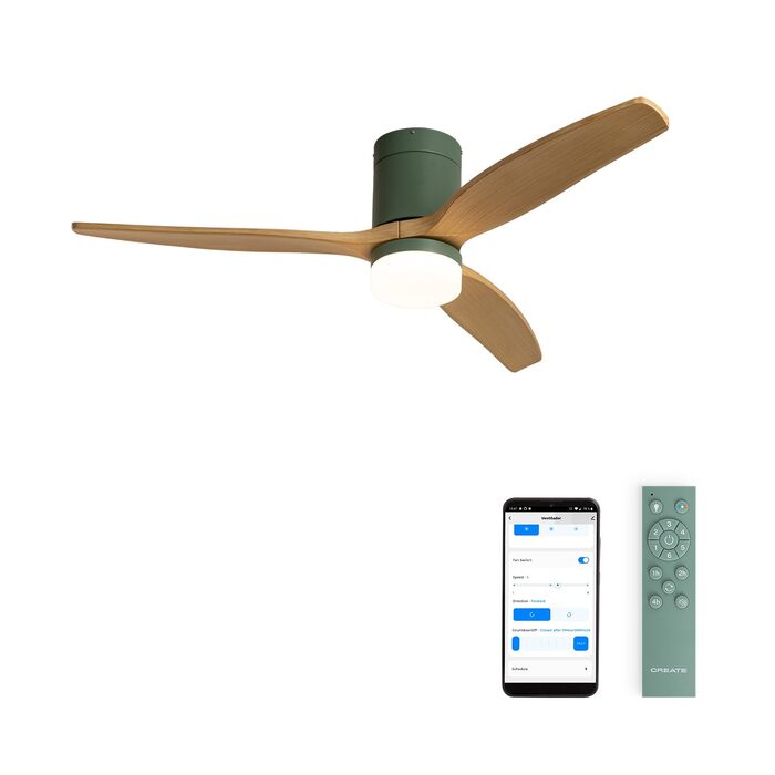 Вентилятор стельовий WINDCALM M з підсвіткою, Wi-Fi та пультом ДУ, 132 см, 40W, світлодіодне освітлення (3 температури), шалфейно-зелений, дерев'яні лопаті