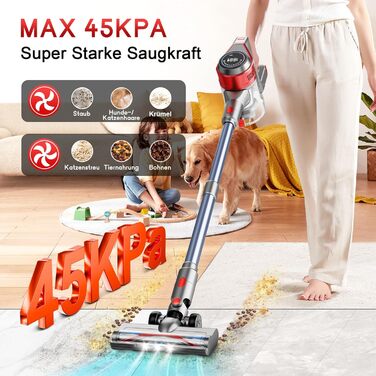 Бездротовий акумуляторний пилосос 45000 Па – 45 хв роботи, тихий (<65 дБ), LED-дисплей, 8-в-1 бездротовий пилосос з антизаплутаною насадкою та HEPA-фільтром – для шерсті тварин, килимів, твердих підлог та алергіків, червоний