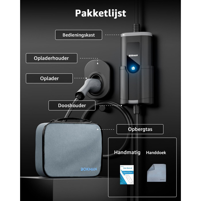 Зарядний пристрій для електромобіля Bokman Mobile Wallbox 11 кВт Type 2 з кабелем CEE 5м та адаптером (16A, 3 фази, IP65)