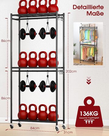 Стійка для одягу на колесах з полицями та гачками, металева, 84 x 31 x 202 см, чорна