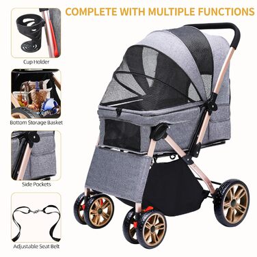 Візок для собак DWVO 3-в-1: візок, переноска, сумка. До 22 кг, EVA-колеса, сітчасті вікна, сірий (58.5x76x105cm)