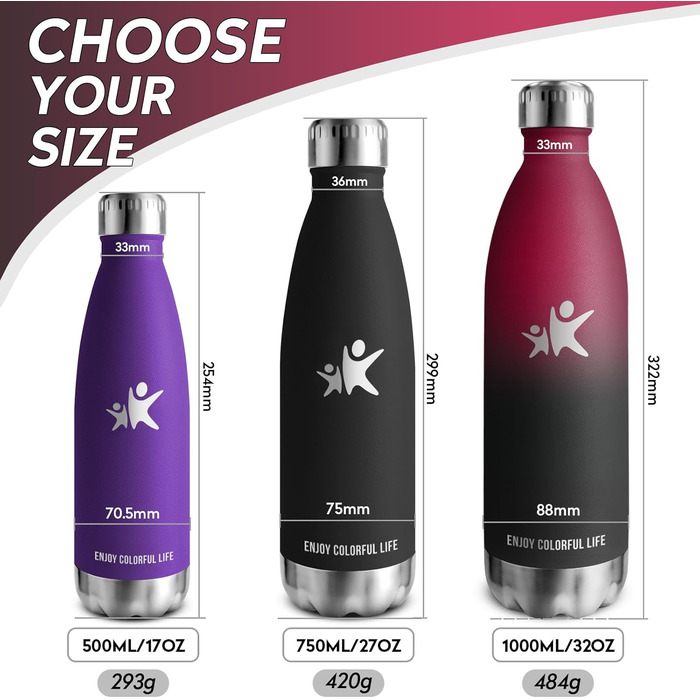 Термос KollyKolla з нержавіючої сталі 500мл/750мл/1л: термос-пляшка, спортивна, для дітей, без BPA, ізотермічна, для школи, кемпінгу, фітнесу, подорожей (1000 мл)