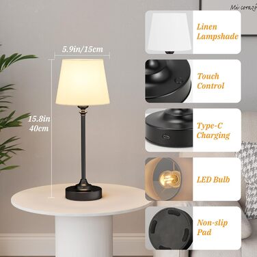 LED настільна лампа бездротова з торшером з льону, торшер для спальні, їдальні, вітальні, з USB-C, регулювання яскравості, 40см, мідь