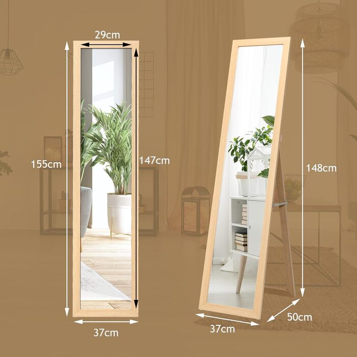 RELAX4LIFE Full-Body Mirror 2 in 1, Standing Mirror & Wall Mirror, Country-Style Wardrobe Mirror, Mirror with Wooden Frame, Adjustable & Freestanding, for Bedroom & Living Room & Business (Natural)