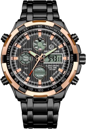 Чоловічий годинник з хронографом: сталевий, водонепроникний, з датою та будильником, аналогово-цифровий дисплей (рожеве золото, чорний)