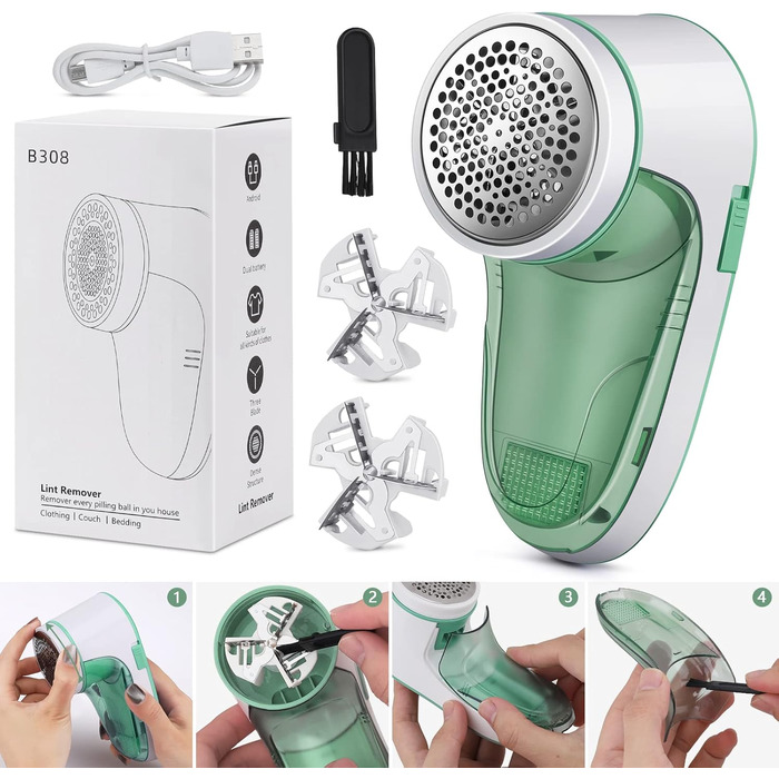 Електричний видалення ворсу для одягу, бездротовий, з USB-кабелем, змінна насадка, для пуловерів та вовняних виробів (зелений)
